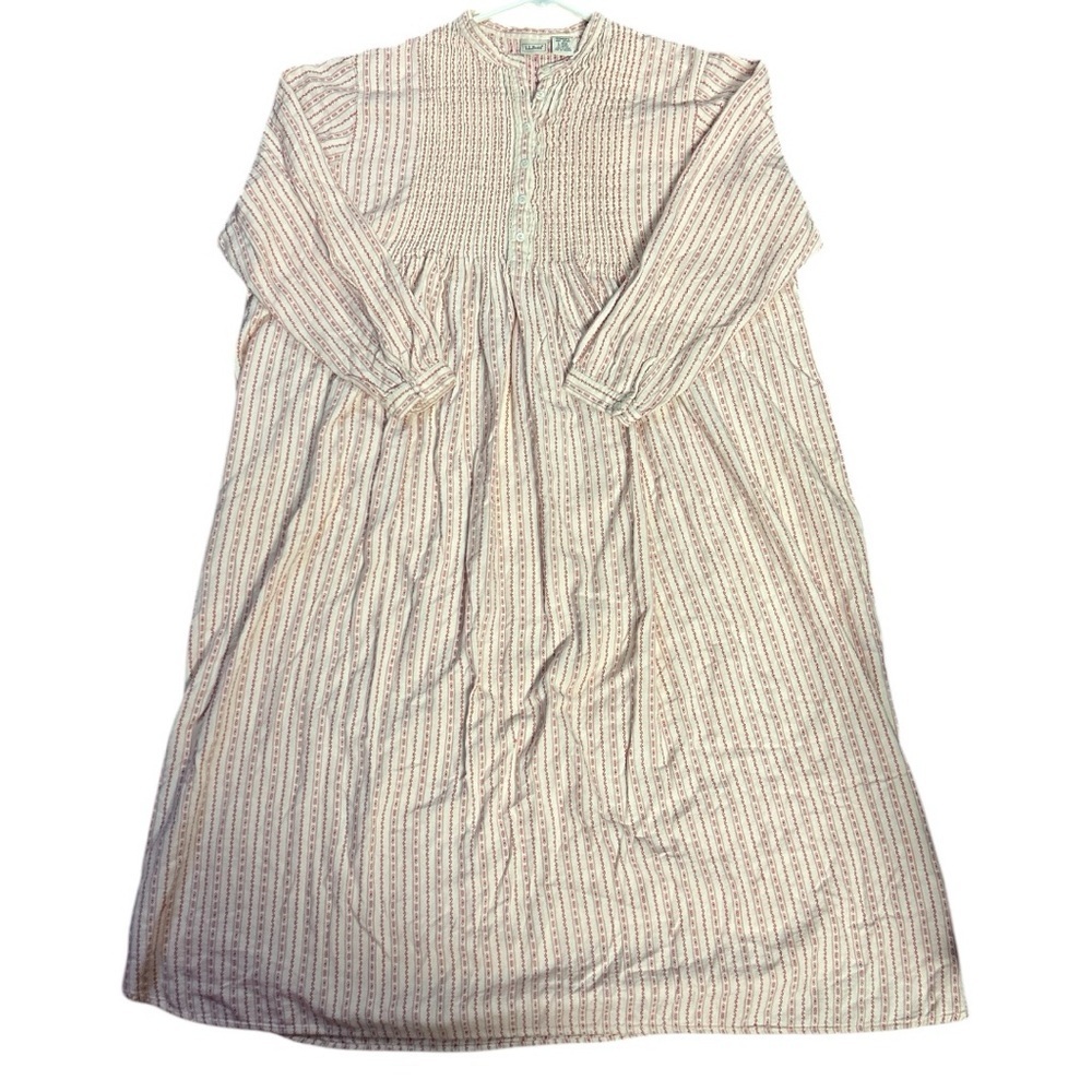 Vtg LL Bean Women’s Dobby Pinstripes Flannel Nightgown Cottagecore Cream Red - Picture 2 of 4